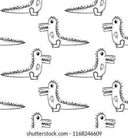 Hand drawn black and white crocodile sketch seamless pattern. Cute funny monochrome texture. Cartoon alligator on white background for new born baby textile print.