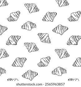 Hand drawn black and white croissants seamless pattern. French bakery sketch background with delicious pastries for wrapping paper, menu, cafe design. Vector texture.