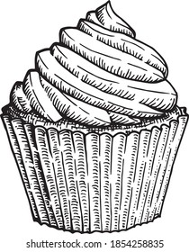 Hand drawn black and white crosshatch vector illustration of a cupcake. No background.