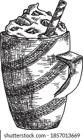 Hand drawn black and white crosshatch vector illustration of a cup of hot chocolate, with marshmallows on top. No background.