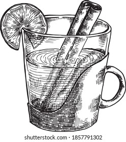 Hand drawn black and white crosshatch vector illustration of a cup of rum toddy, with a lemon slice on the side and a cinnamon stick submerged. No background.