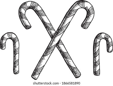 Hand drawn black and white crosshatch vector illustration of Candy canes, placed in a decorative way. No background.