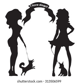 Hand drawn black and white cut out paper silhouette a glamour  girls with a little dog and words I love dogs.