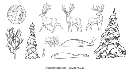 Hand drawn black white deer and forest vector outline clipart illustration. Woodland animal line art sketch with fir trees, bare tree, full moon and snowy ground for winter and Christmas landscape.
