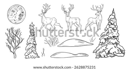 Hand drawn black white deer and forest vector outline clipart illustration. Woodland animal line art sketch with fir trees, bare tree, full moon and snowy ground for winter and Christmas landscape.