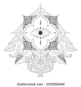 Hand drawn black and white design element with magic eye inside flower, and leaves in boho style. Isolated ornament, vector illustration. Can be used for a tattoo, print, astrology, coloring book.