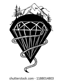 Hand drawn black white design illustration of a diamond under the mountains. Vector sketch. Tattoo. Abstract logo.