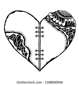 Hand drawn black white design illustration of a heart with lacing. Tattoo. Coloring book pattern. Vector doodle illustration.