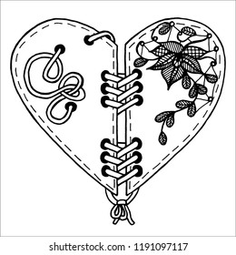 Hand drawn black white design illustration of a heart with guipure flower with lacing. Tattoo. Coloring book pattern. Vector doodle illustration.