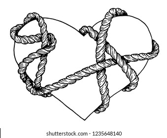 Hand drawn black white design illustration of a heart wrapped in rope. Tattoo. Coloring book pattern. Vector doodle illustration.