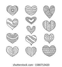 Hand drawn black and white different hearts set. Valentine's day vector illustration. Use for design greeting card, banner, wrapping paper.