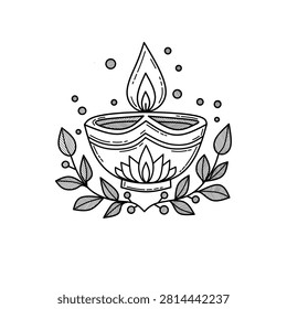 Hand drawn black and white Diwali diya oil lamp outline illustration with decorative botanical elements isolated on a clean white background. This monochrome line art design features a traditional clay lamp with a glowing flame in a clean outline style, making it ideal for coloring books, educational worksheets, printable activities, greeting cards, invitations, laser cutting references, vinyl crafts, stickers, digital downloads, coloring pages, festival decorations, branding, packaging, and creative DIY projects celebrating the Hindu Festival of Lights. The minimal monochrome composition offers excellent flexibility for commercial printing, publishing, educational resources, and seasonal holiday design applications.