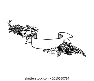 hand drawn black and white doodle banner flowers with ribbon