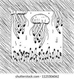 Hand Drawn Black and White Doodle jellyfish card in Kids Style. Illustrations Drawing Vector Sketch for textile, print, postcard, text, poster, background, book, t-shirt print, design, wallpaper