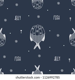 Hand Drawn Black and White Doodle jelly and fish pattern. Illustrations Drawing Vector Sketch for textile, print, postcard, text, invitation, poster, background, book, t-shirt print, design, wallpaper