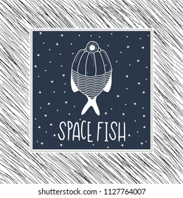 Hand Drawn Black and White Doodle space fish card. Illustrations Drawing Vector Sketch for textile, print, postcard, text, invitation, poster, background, book, t-shirt print, design, wallpaper