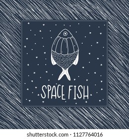 Hand Drawn Black and White Doodle space fish card. Illustrations Drawing Vector Sketch for textile, print, postcard, text, invitation, poster, background, book, t-shirt print, design, wallpaper