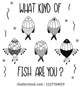 Hand Drawn Black and White Doodle space fish card. Illustrations Drawing Vector Sketch for textile, print, postcard, text, invitation, poster, background, book, t-shirt print, design, wallpaper