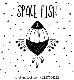 Hand Drawn Black and White Doodle space fish card. Illustrations Drawing Vector Sketch for textile, print, postcard, text, invitation, poster, background, book, t-shirt print, design, wallpaper