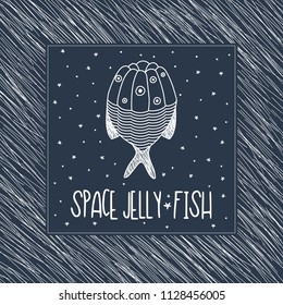 Hand Drawn Black and White Doodle space fish card. Illustrations Drawing Vector Sketch for textile, print, postcard, text, invitation, poster, background, book, t-shirt print, design, wallpaper