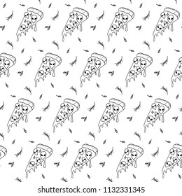 Hand Drawn Black and White Doodle space piece of pizza pattern. Illustrations Drawing Vector Sketch for textile, print, postcard,  invitation, poster, background, book, t-shirt design, wallpaper