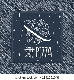 Hand Drawn Black and White Doodle space whole pizza card. Illustrations Drawing Vector Sketch for textile, print, postcard, text, invitation, poster, background, book, t-shirt print, design, wallpaper