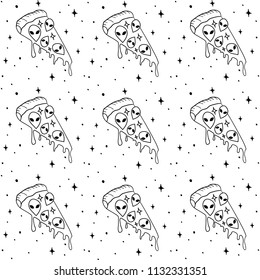 Hand Drawn Black and White Doodle space piece of pizza pattern. Illustrations Drawing Vector Sketch for textile, print, invitation, poster, background, book, t-shirt print, design, wallpaper