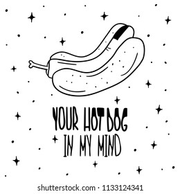 Hand Drawn Black and White Doodle hot dog with finger card. Illustrations Drawing Vector Sketch for textile, print, postcard, text, invitation, poster, book, t-shirt print, design, 