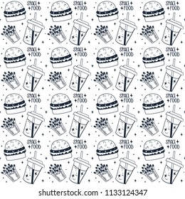 Hand Drawn Black and White Doodle space fast food with fry potato, burger, coffe pattern. Illustrations Drawing Vector Sketch for textile, print, postcard, poster, background, book, wallpaper