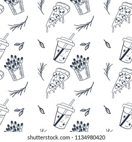 Hand Drawn Black and White Doodle Blue and White space drink from other planet pattern. Illustrations Drawing Vector Sketch for textile, print, postcard, text, invitation, poster, background,wallpaper