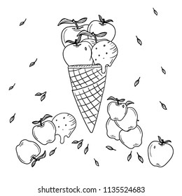 Hand Drawn Black and White Doodle apple icecream in waffle card. Illustrations Drawing Vector Sketch for textile, print, postcard, text, invitation, poster, background, book, t-shirt, wallpaper