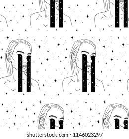 Hand Drawn Black and White Doodle girl crying space pattern. Illustrations Drawing Vector Sketch for textile, print, postcard, poster, background, book, t-shirt, wallpaper