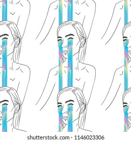 Hand Drawn Black and White Doodle girl crying space pattern. Illustrations Drawing Vector Sketch for textile, print, postcard, poster, background, book, t-shirt, wallpaper