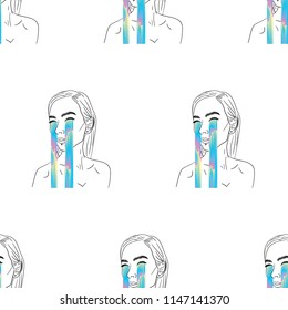 Hand Drawn Black and White Doodle girl crying space pattern. Illustrations Drawing Vector Sketch for textile, print, postcard, poster, background, book, t-shirt, wallpaper