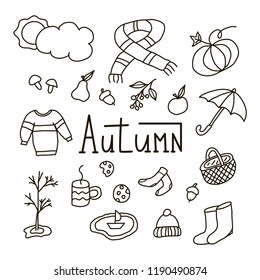 Hand drawn black and white doodle about autumn with pumpkin, hat, sweater, scarf, umbrella, boots, basket, mushrooms, pear, apple cookies, acorns, rowan, tree, boat and lettering. Vector illustration