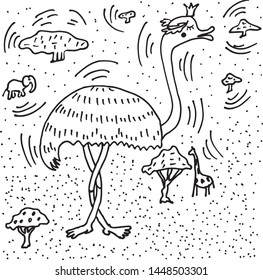 Hand drawn black and white doodle style illustration with cute ballerina emu ostrich in savannah. Vector design on white background. Can be used for coloring book page or surface design.

