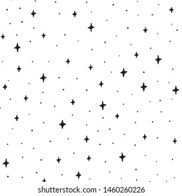 Hand Drawn Black and White Doodle star in the space on pattern. Illustrations Drawing Sketch for textile, print, poster, print, design, wallpaper. Black stars is in the white background