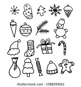 Hand drawn black and white doodle sketch illustration. New year and Christmas set.