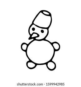 Hand drawn black and white doodle sketch snowman illustration.