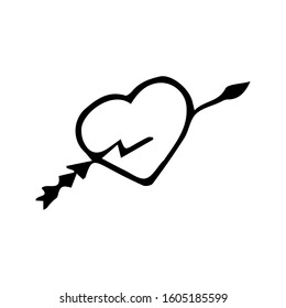 Hand drawn black and white doodle sketch illustration. A heart pierced by an arrow.