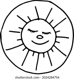 Hand drawn black and white doodle of smiley sun with closed eyes on white background for EAster postcards, children books,wedding ,birthday and other events