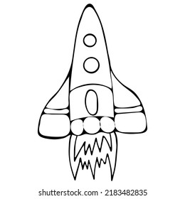 Cohetes de garabatos blancos y negros con fuego aislado en fondo blanco. Elemento de diseño para el Día de los Cosmonautas, Día del Espacio, Día de los Cosmonáuticos y Día de la Astronáutica.