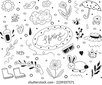 Hand drawn black and white doodle set on a spring theme. Line illustration with the inscription spring, flowering plants, animals and accessories.