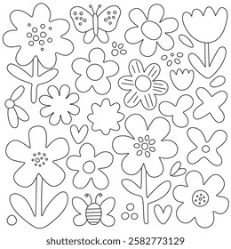 Hand drawn black and white doodle set of various flowers, butterflies, bees, and hearts. Cute floral line art illustration for coloring pages, kids activities, and creative designs.