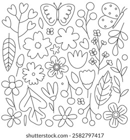 Hand drawn black and white doodle set of various flowers, butterflies, leaves, and berries. Cute floral line art illustration for coloring pages, kids activities, and creative designs.