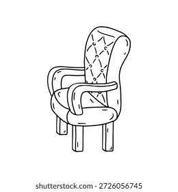 Handgezeichneter schwarz-weißer Doodle weicher Sessel Symbol. Linie Kunst Boho Lounge Zeichnung Vektorgrafik.