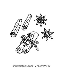 Hand drawn black and white doodle cinnamon and star anise icon. Line art sketch of aromatic spice vector illustration.
