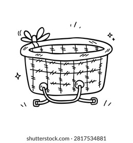 Hand drawn black and white doodle of a wicker baby bassinet or laundry basket with a ribbon accent and handle