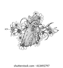 hand drawn black and white doodle birds rooster and flowers. Ethnic patterned vector illustration. Sketch for adult antistress coloring page, tattoo, poster, print, t-shirt