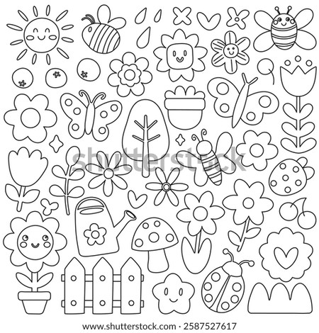 Hand drawn black and white doodle set with flowers, bees, butterflies, trees, mushrooms, and garden elements. Cute and playful line art for coloring pages, kids activities, and decorations.